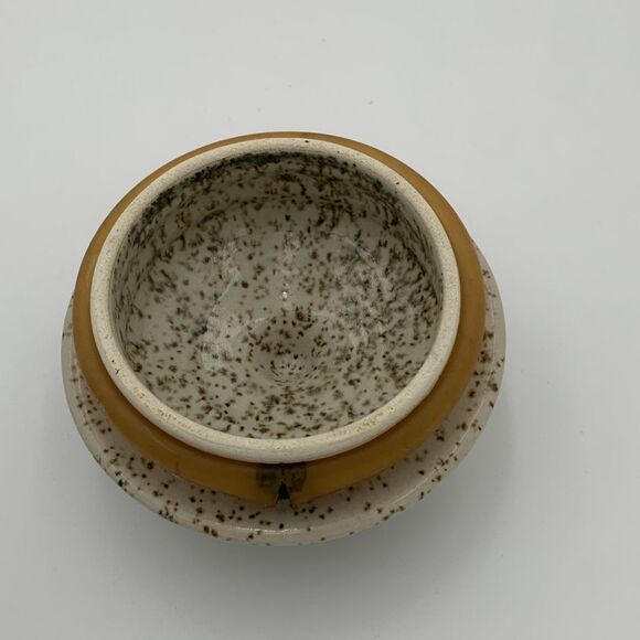 Vintage Art Pottery Sugar Jar with Lid white and blue strapes with brown dots - Picture 9 of 10